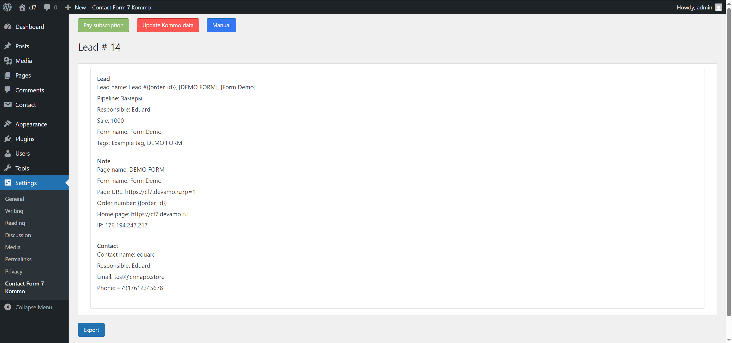 Contact Form 7 Wordpress integration with the Kommo