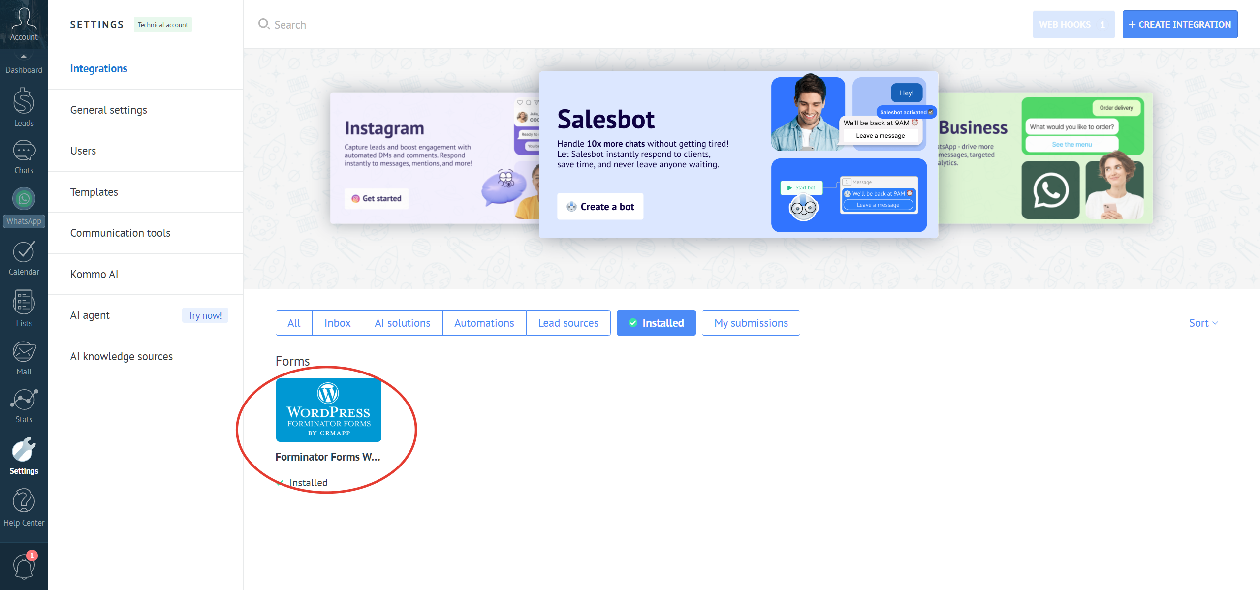 Forminator Forms Wordpress integration with the Kommo