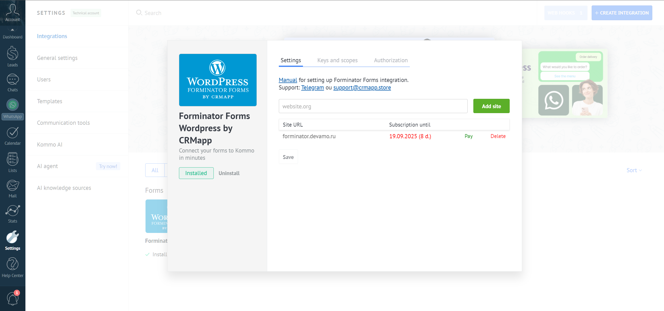 Forminator Forms Wordpress integration with the Kommo