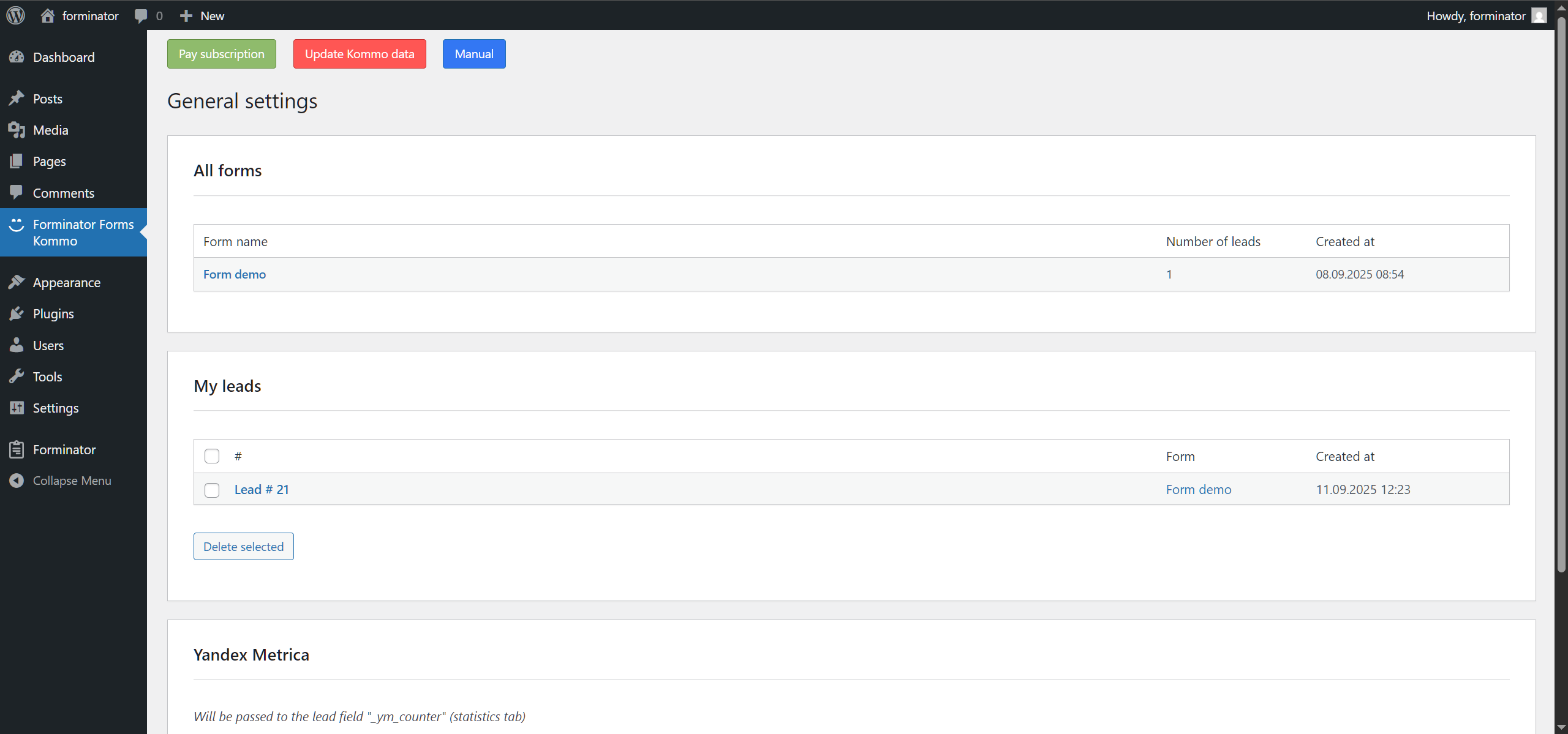 Forminator Forms Wordpress integration with the Kommo