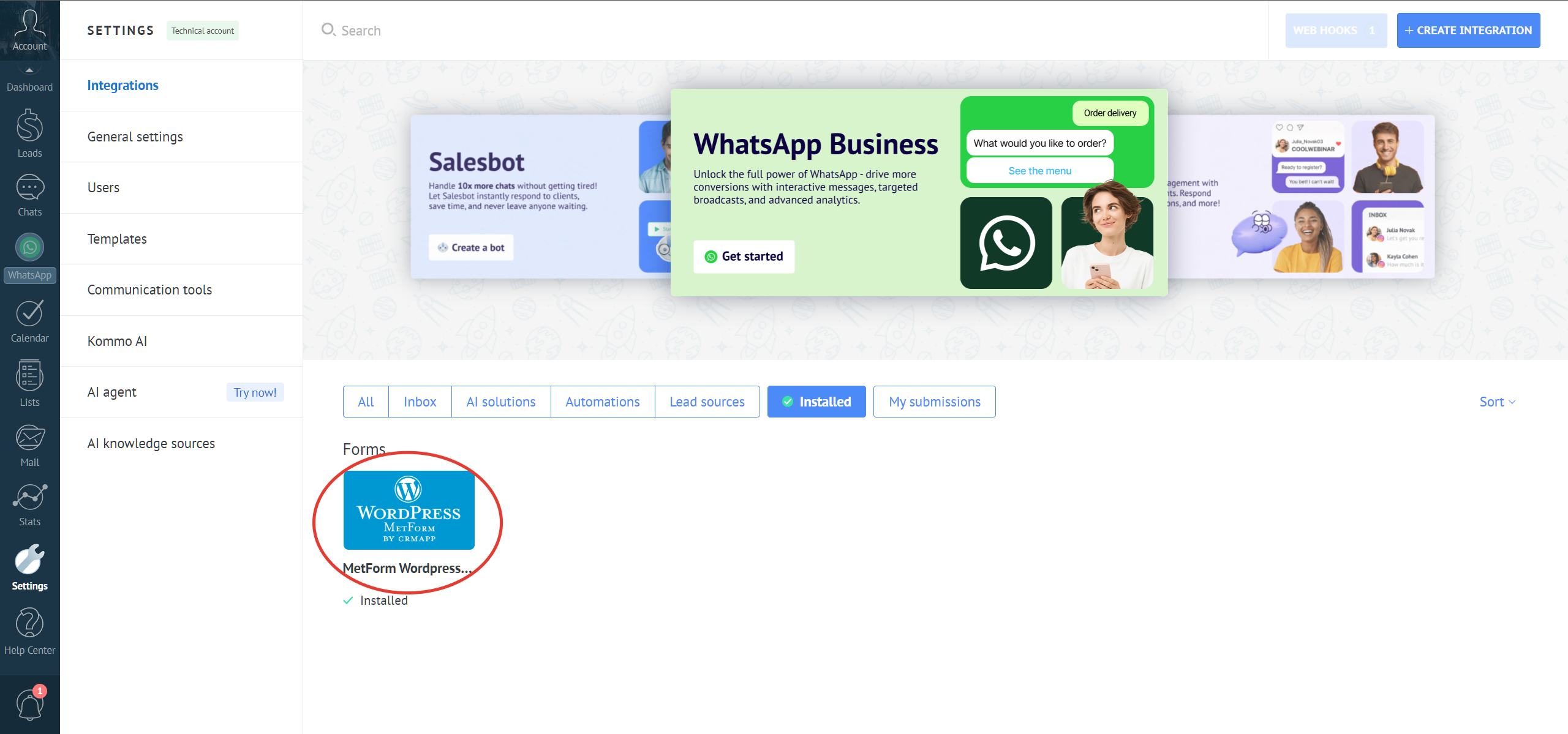 Metform Wordpress integration with the Kommo