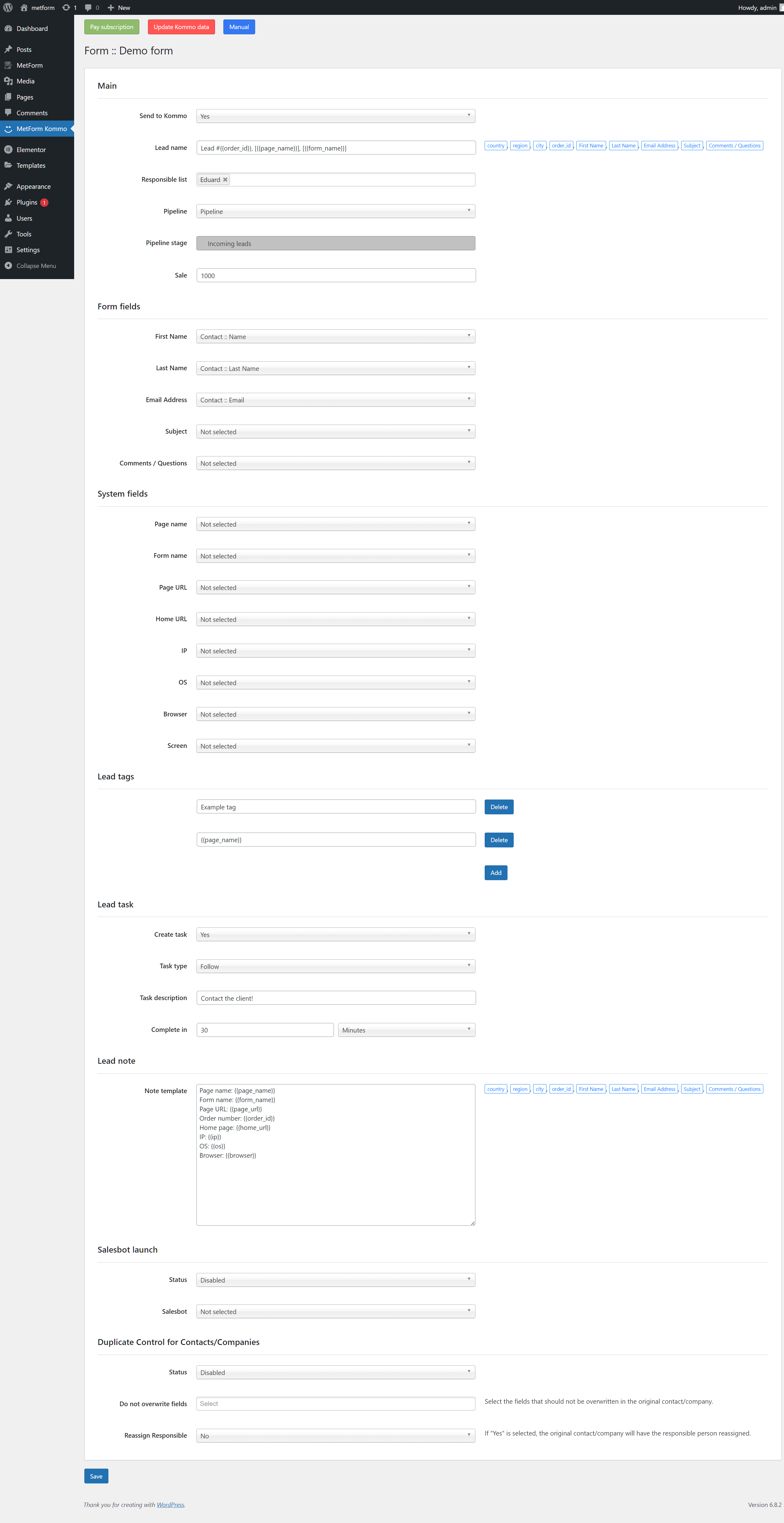 Metform Wordpress integration with the Kommo