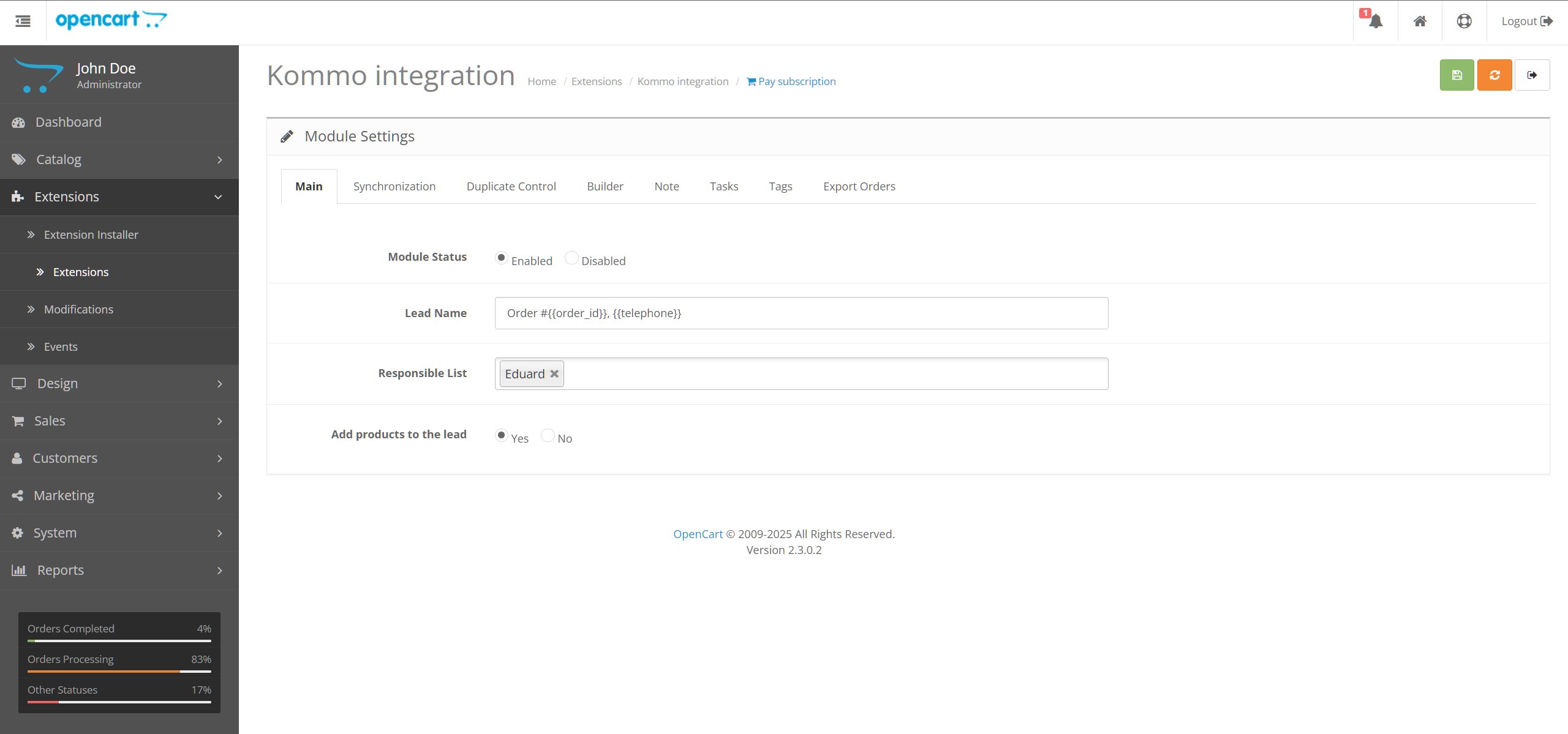 Opencart-OcStore integration with the Kommo