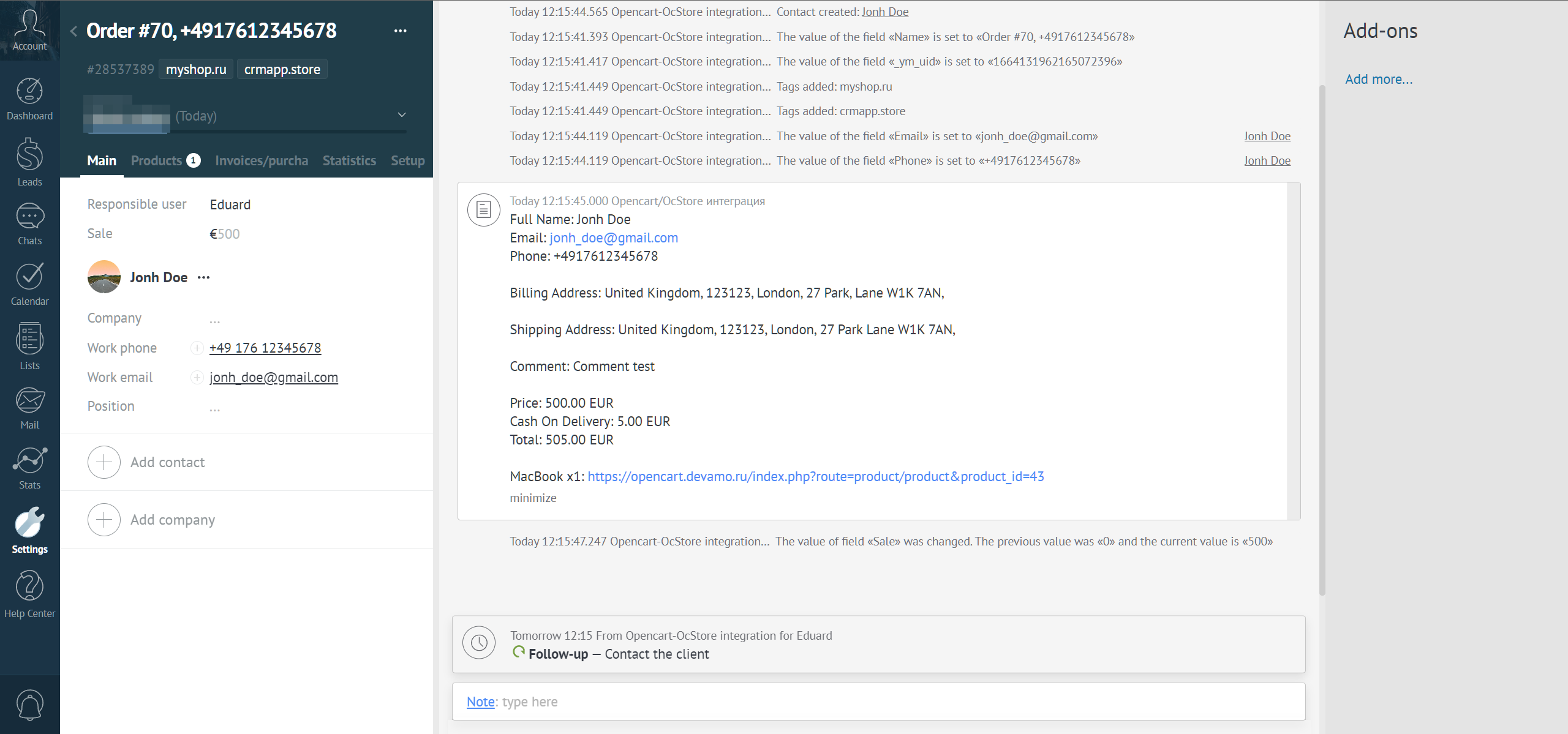 Opencart-OcStore integration with the Kommo