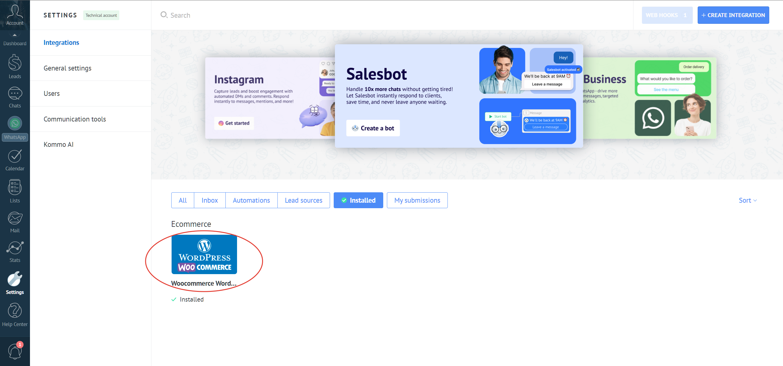 Woocommerce Wordpress integration with the Kommo