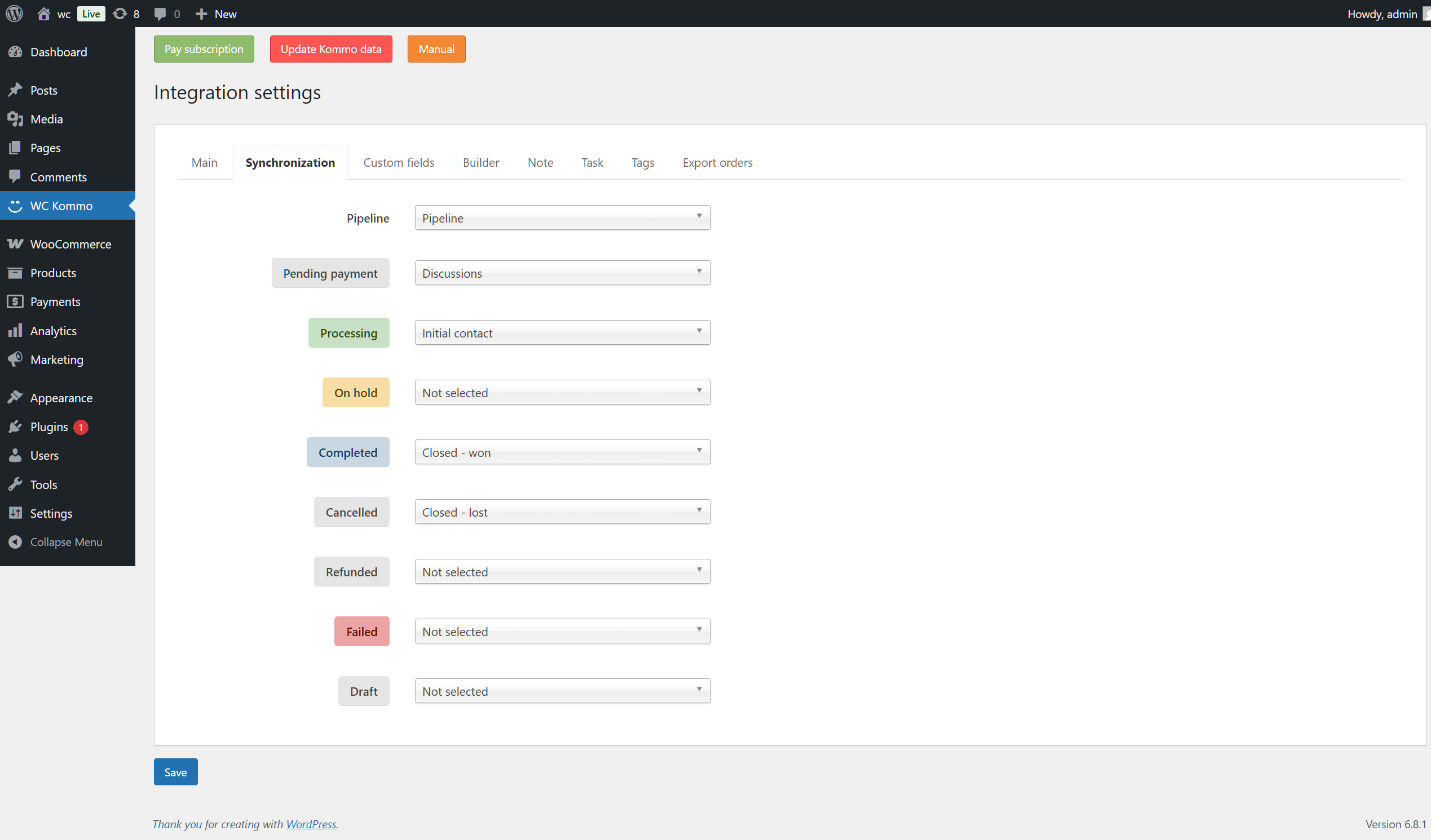 Woocommerce Wordpress integration with the Kommo