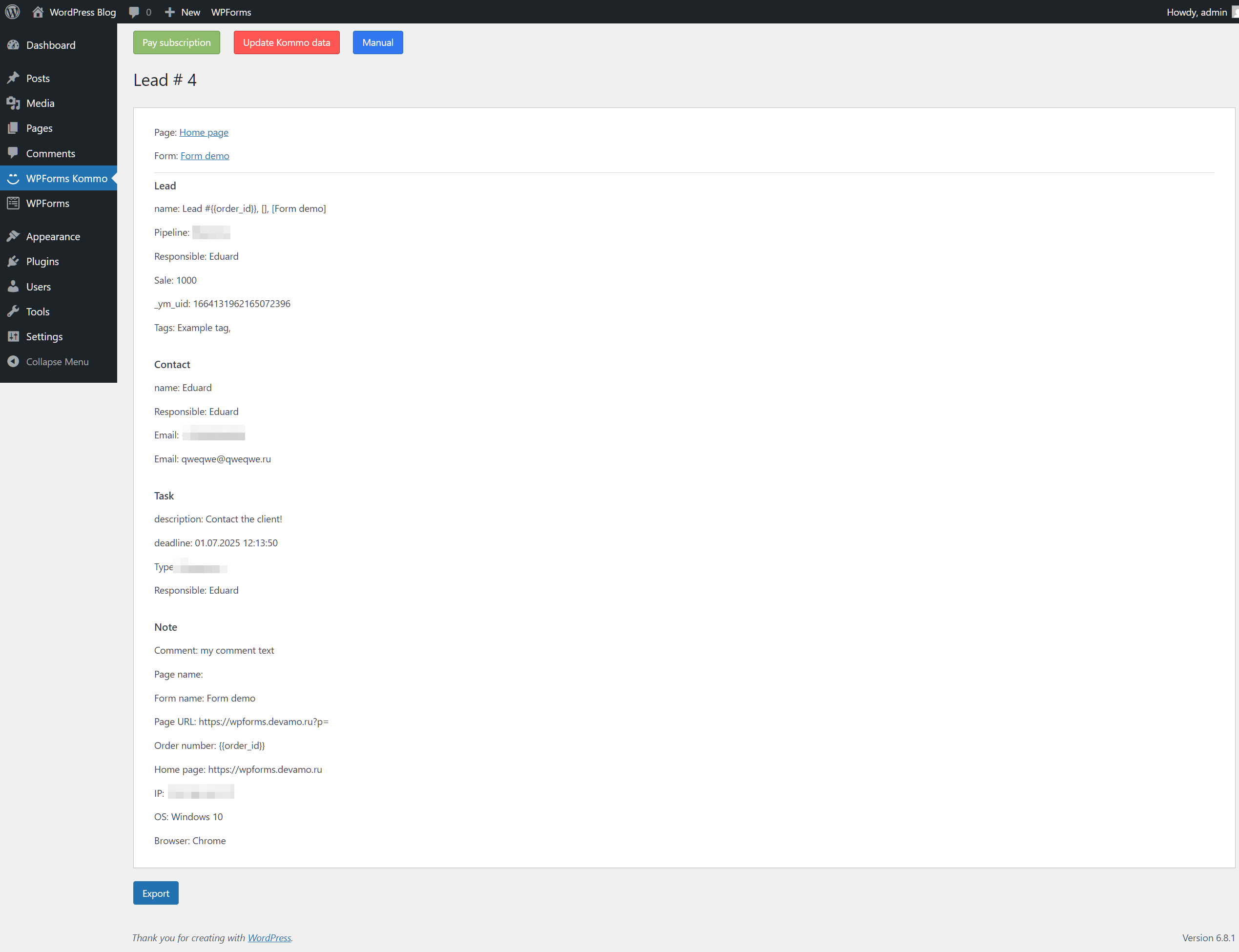 WpForms Wordpress integration with the Kommo